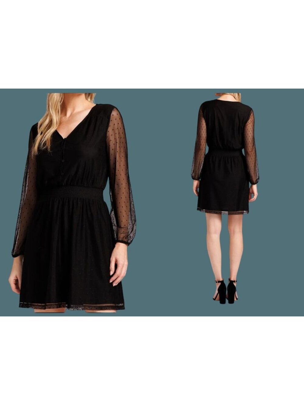 Danielrainn Black V Neck Polka Dot Sheer Long Sleeve Dress Women Large